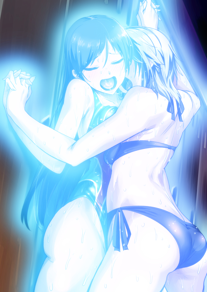 Anya presses Minami against a line of lockers, dripping wet with pool water and/or sweat, interlocking her fingers with Minami's as their two bodies glow brilliant but somewhat different shades of blue.  Anya wears a purple bikini with large ties on the sides of the panties, while Minami wears a competition swimsuit: primarily two shades of blue with a few red panels and white trim.  The locker room is darker and warmer-hued than normal: the colors have inverted, indicating time has stopped.  As the two goddesses make love to a degree only possible with omnipotence, the ceaseless progression of time is put on hold by its true masters.  Their ecstasy and love takes priority over the laws of physics.